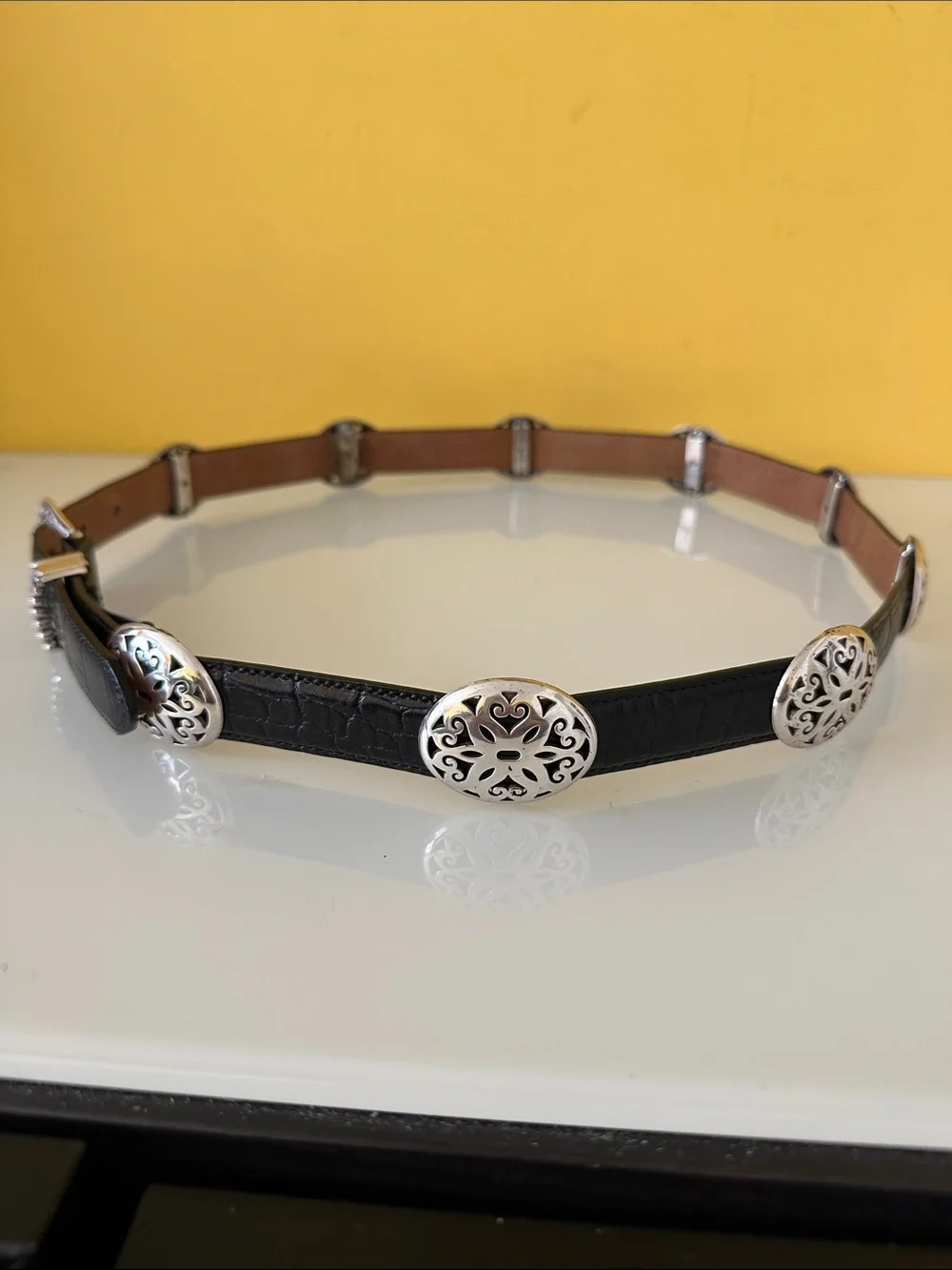 Brighton Women’s Black Croc-Embossed Western-Inspired Leather Belt Silver Buckle